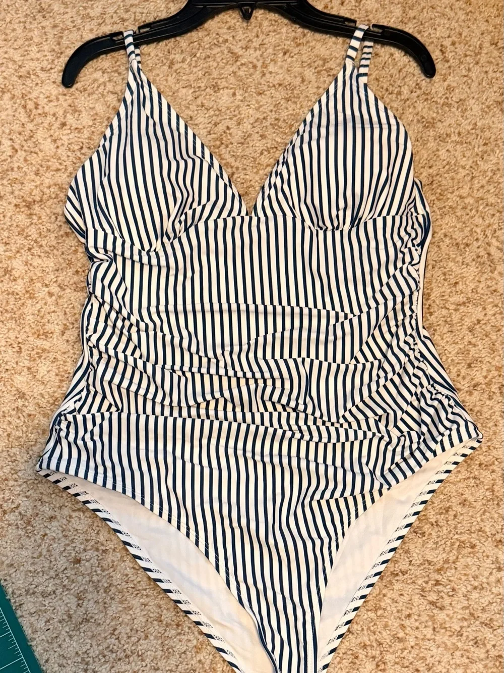 Cupshe Navy Teal and White Striped One-Piece Swimsuit